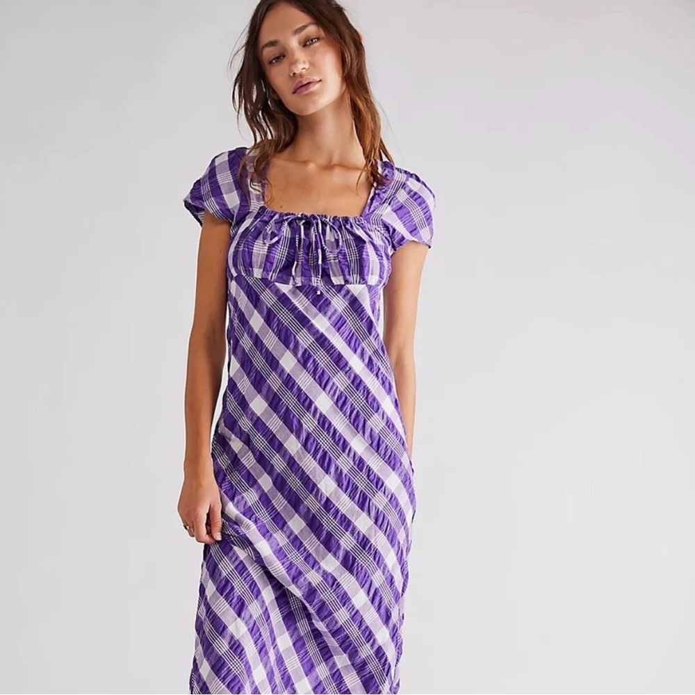 FREE PEOPLE Natlya Checkered Midi Dress in Purple Size Small NWT